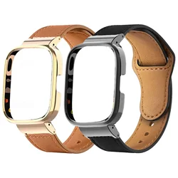 Pulseira + capa para redmi watch 3 alças ativas pulseira de couro + protetor de caixa de metal para redmi watch 3/2 lite/mi watch lite pulseira