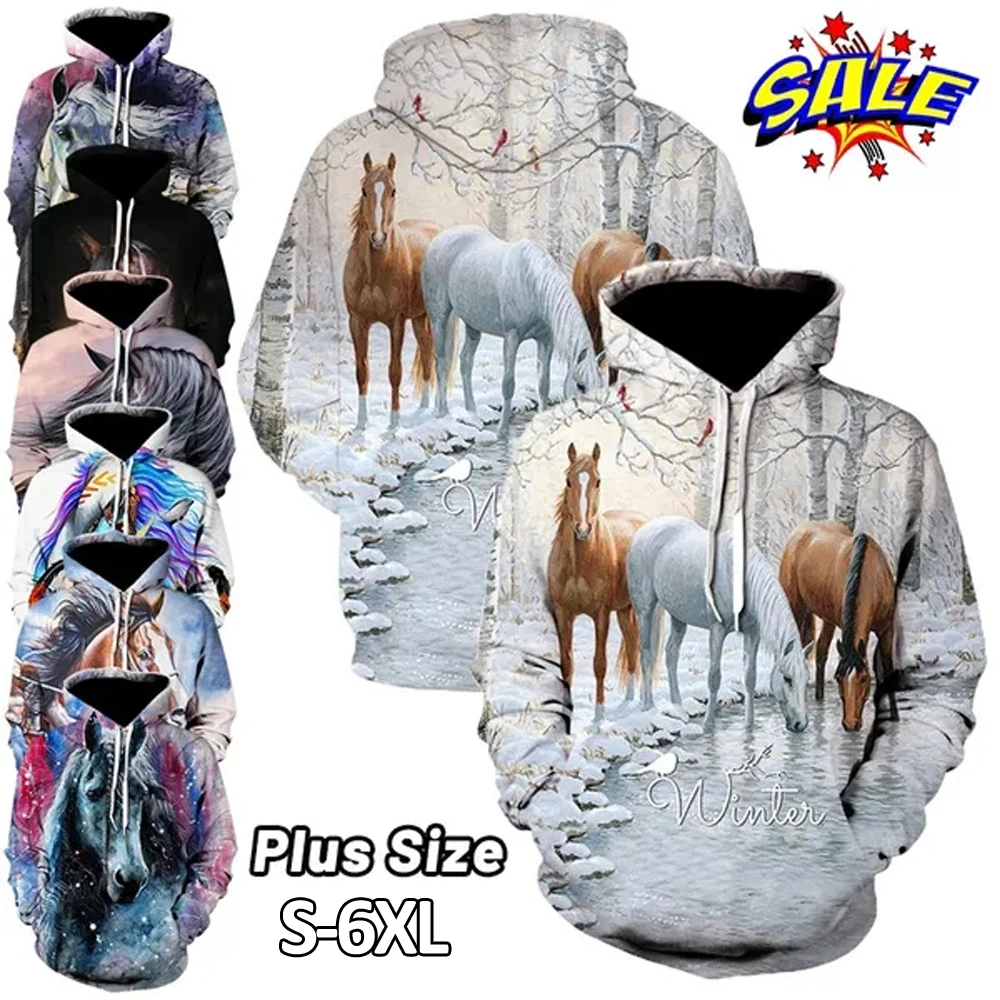 Newest Fashion Animal Horse 3D Print Hoodies Unisex Long Sleeve Nylon Hooded Sweatshirts Casual Cartoon Pullover Tops