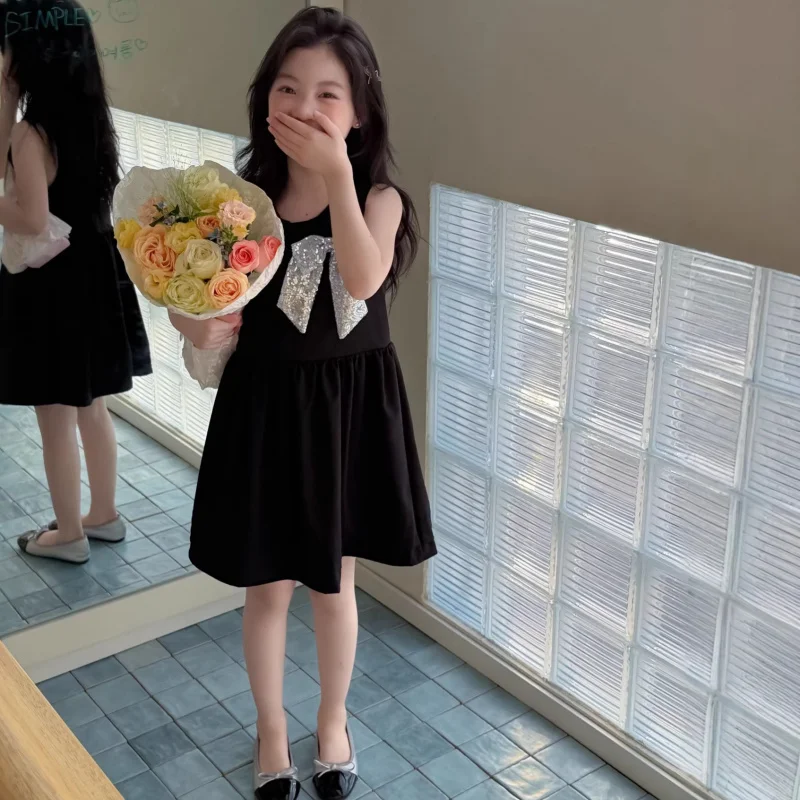 

Детское черное платье без рукавов для девочек, летнее, 2026 года, с пайетками и большим бантом, в корейском стиле, для дня рождения