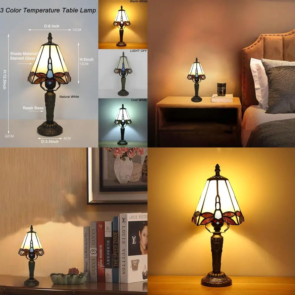 

Стеклянная трехсторонняя настольная лампа Dragonfly со светодиодной лампой, стиль Тиффани для домашнего офиса, спальни, 6x6x12,5 дюймов