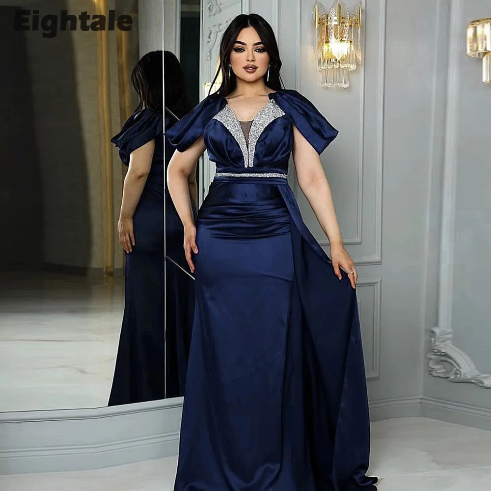 

Eightale Navy Blue Evening Dress Beaded Mermaid Prom Wedding Party Gown Arabic Satin Belt Custom Made Robe De Soiree