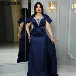 Eightale Navy Blue Evening Dress Beaded Mermaid Prom Wedding  Party Gown Arabic Satin Belt Customized Robe De Soiree