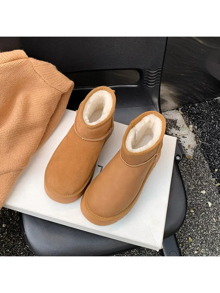 

Winter Thiened ort Fur Lined Snow Boots Women's Faion Booties Korean Sle round Toe Rubber Outsole Leather Material