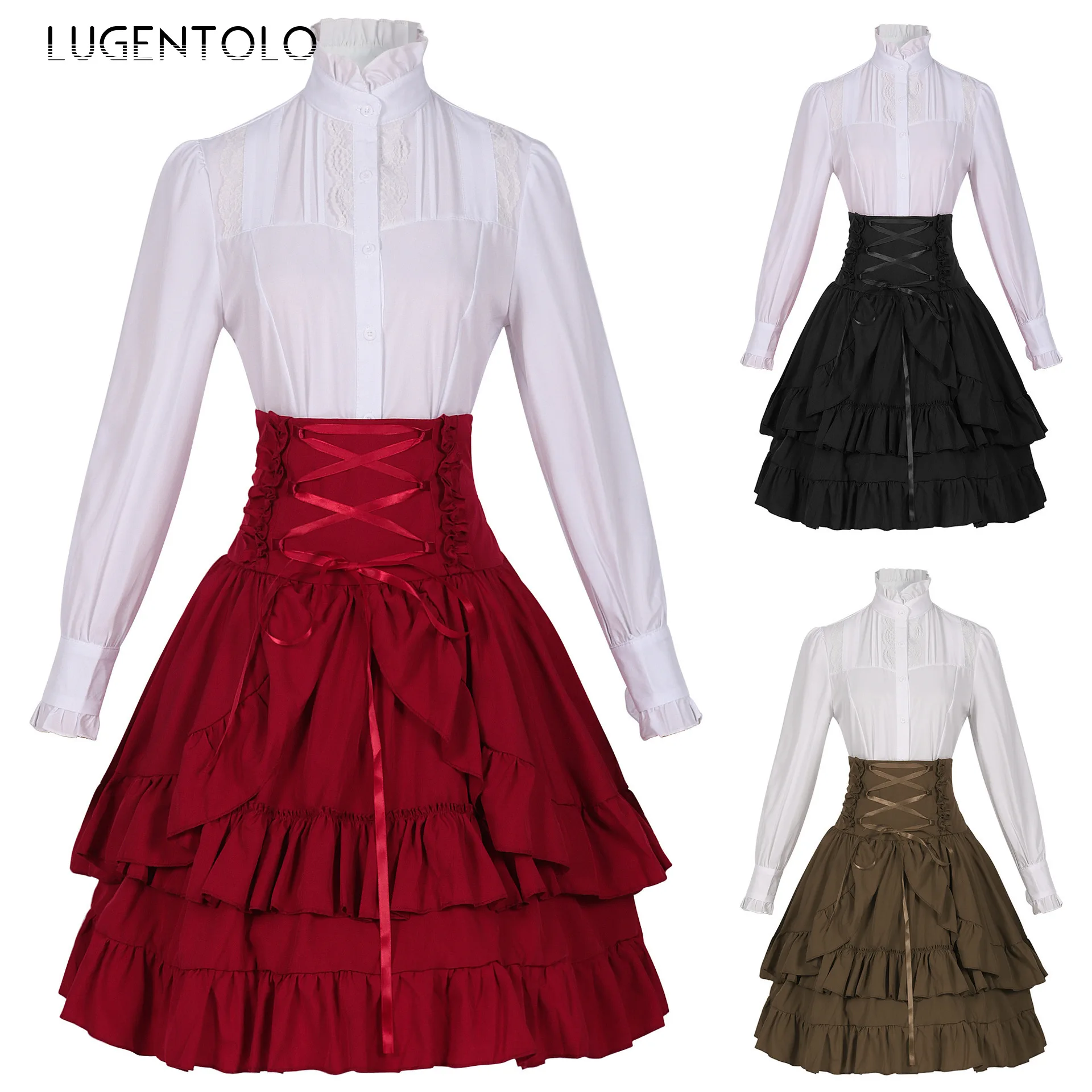 

Women Gothic Shirt Skirt Sets Retro Victorian Long Sleeve Top Folds Bandage Slim Skirts Party Lady Medieval Stage Dress Sets