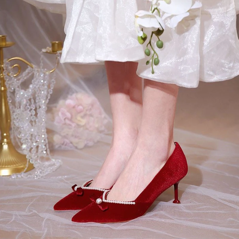 Red High Heel Pearl Ladies Pumps Pointed Toe With Bow Women's Shoes Young Fashion 39 Elegant Quick Delivery Wedding Bride Shoe