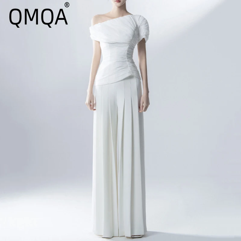 QMQA Fashion Women's 2 Pcs Set Pleated Skew Collar Short Sleeve Waist Asymmetry Top Loose Solid Color Pants Sets New 1A673