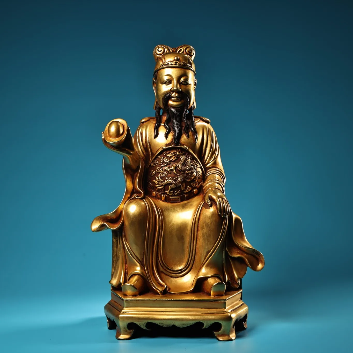 

Старый фиолетовый бронзовый контур в золоте, позолоченный рельефный узор дракона, монеты Юаньбао, Бог богатства, бессмертная сидячая статуя