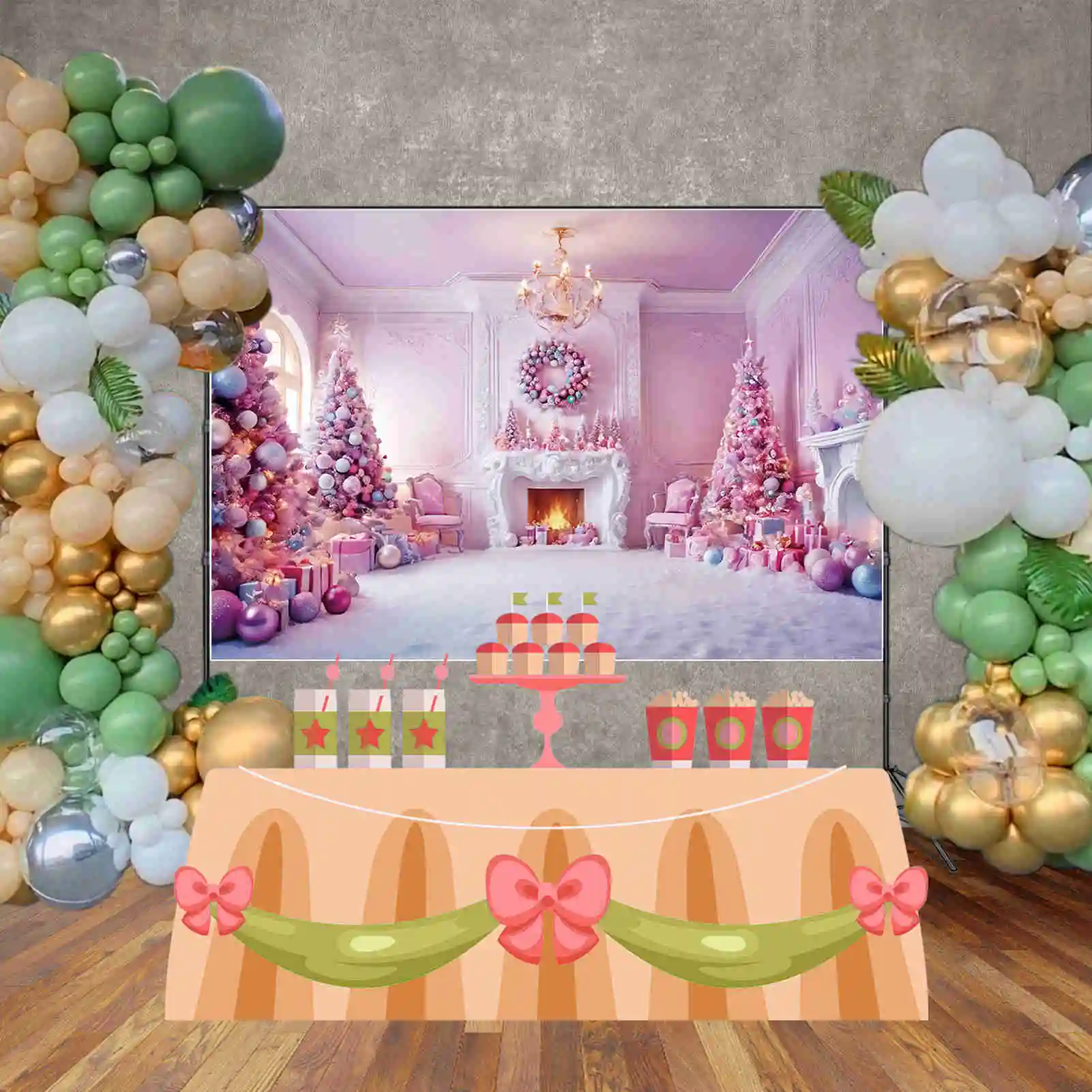 MOON.QG 2024 크리스마스 크리스마스 트리 배경, 냉동 장식 나무 벽난로, 서양 배경, 파티 사진 용품