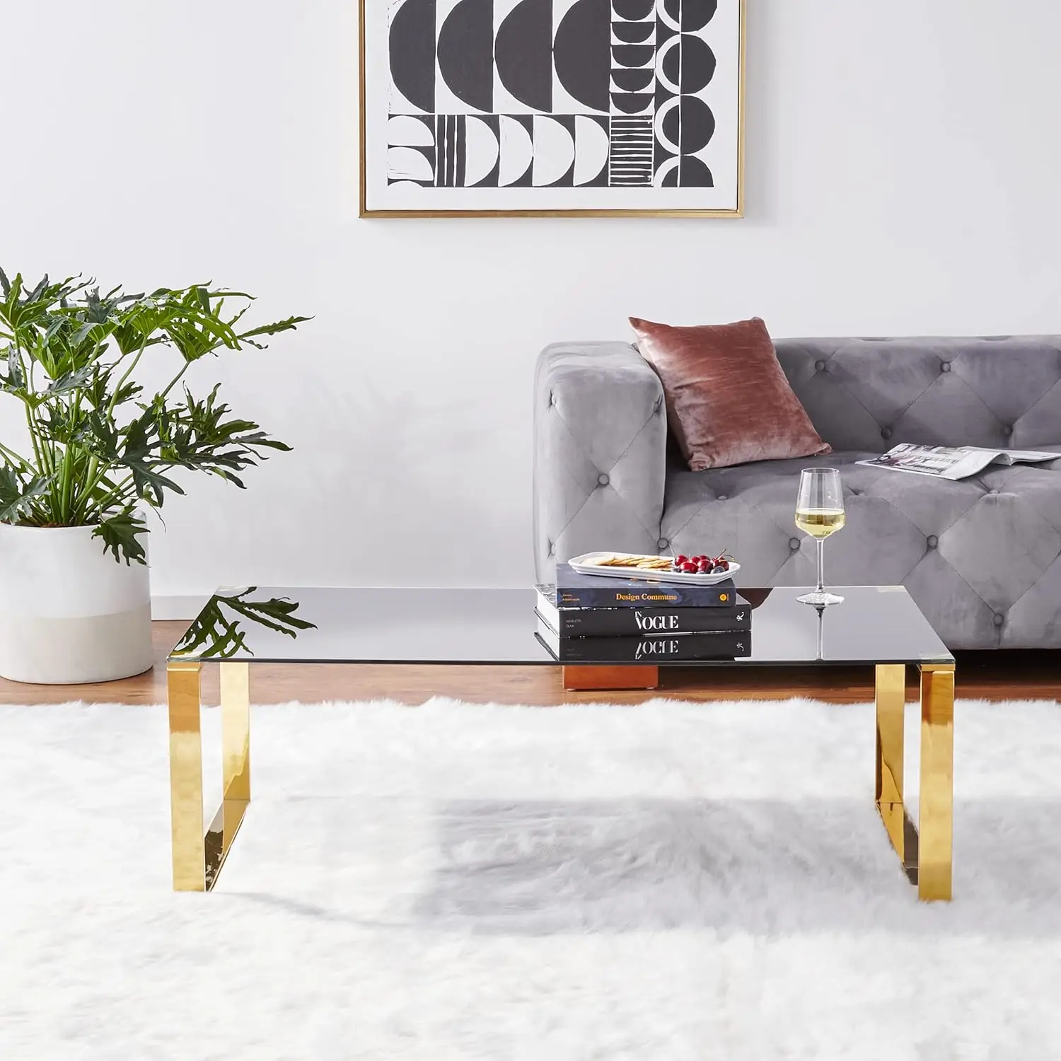 Remini Coffee Table, Gold Metal and Black Glass