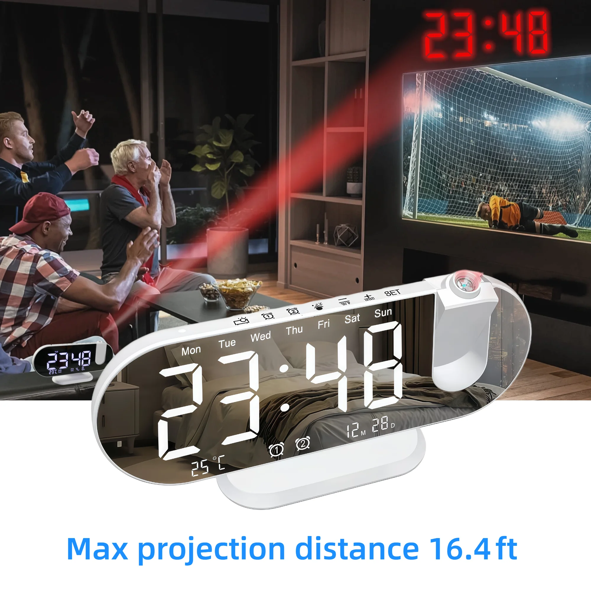 Projection Alarm Clock 8.8 Inch LED Mirror Display 180 Degree Rotation Dual Alarm Snooze Temperature USB Charging Bedside White Black