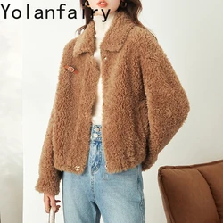 YOLANFAIRY 100% lana vera pelliccia cappotto donna inverno 2024 giacche corte Teddy Color agnello abbigliamento donna tosatura cappotti naturali