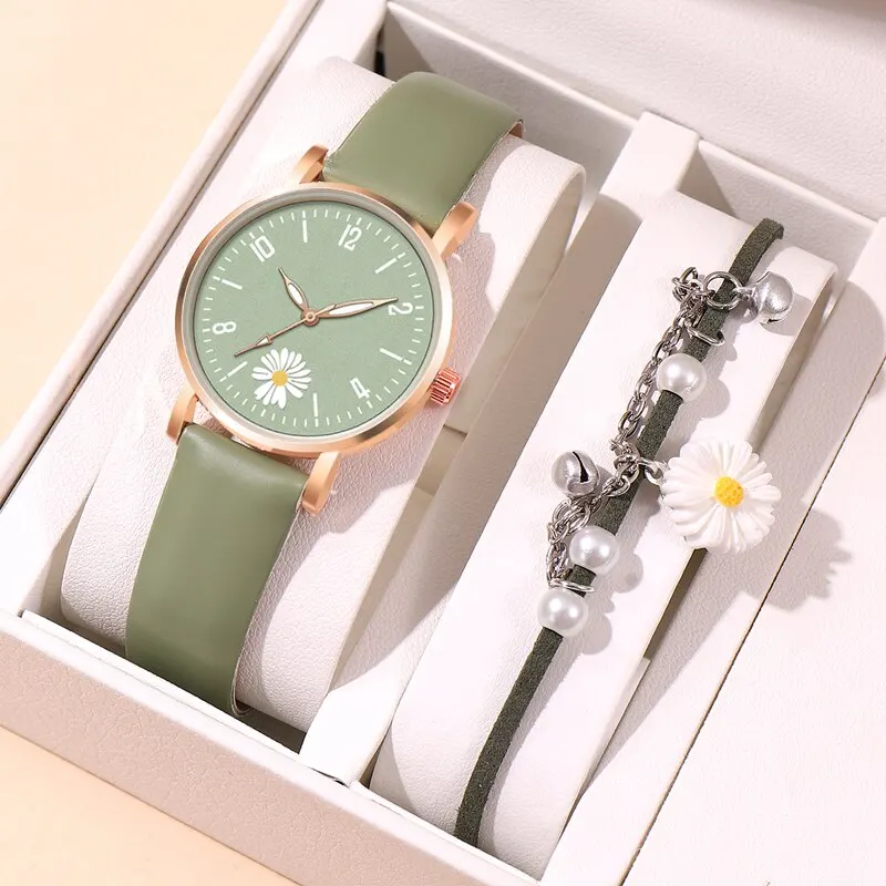 2PC Set Small Daisies Bracelet Watch Women Fashion Casual Leather Watches Simple Ladies Small Dial Quartz Wristwatch