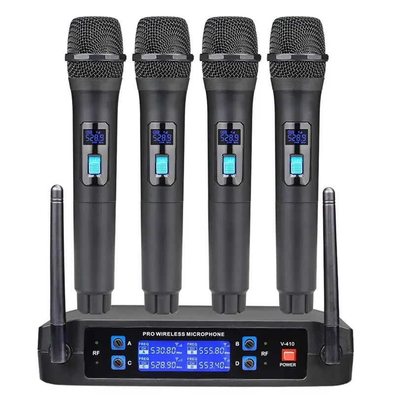 Fixed Frequency 4 Channel Wireless Microphone System Cordless Mic Set Of Four Handheld Units, Long Range 200Ft