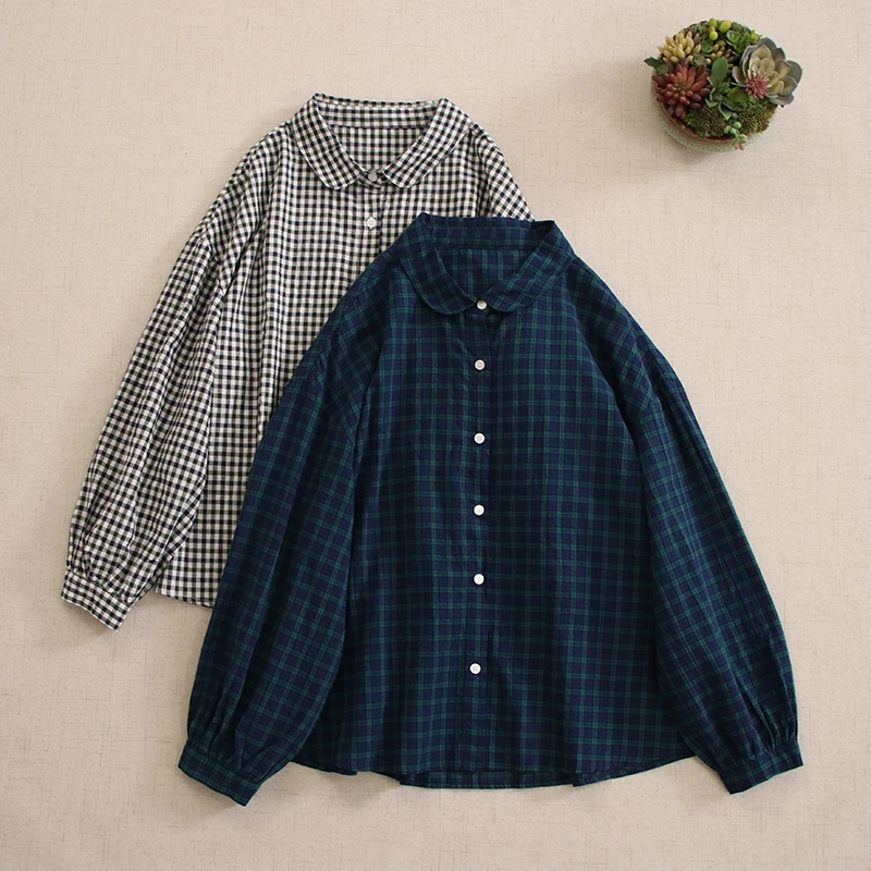 

Japanese Vintage Mori Girl Plaid Cotton Shirt Women Spring Turn Down Collar Long Sleeve Casual Loose Single Breasted Shirt Tops