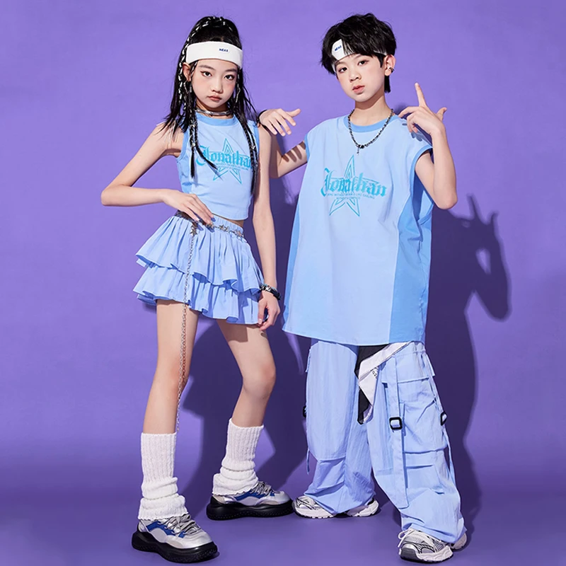 

New Summer Boys Hip Hop Clothing Girls Jazz Cheerlead Dance Crop Tops Skirt Cargo Pants Blue Sets Kids Concert Team Wear BL15618
