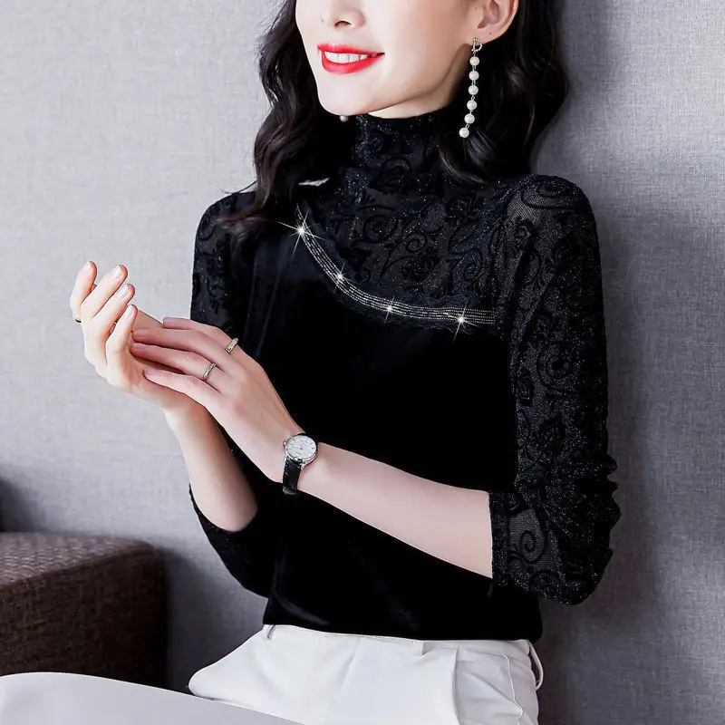 

Gold Velvet Net Yarn Patchwork Vintage Tops Spring Autumn New Long Sleeve All-match Solid Elegant T Shirts Fashion Women Clothes