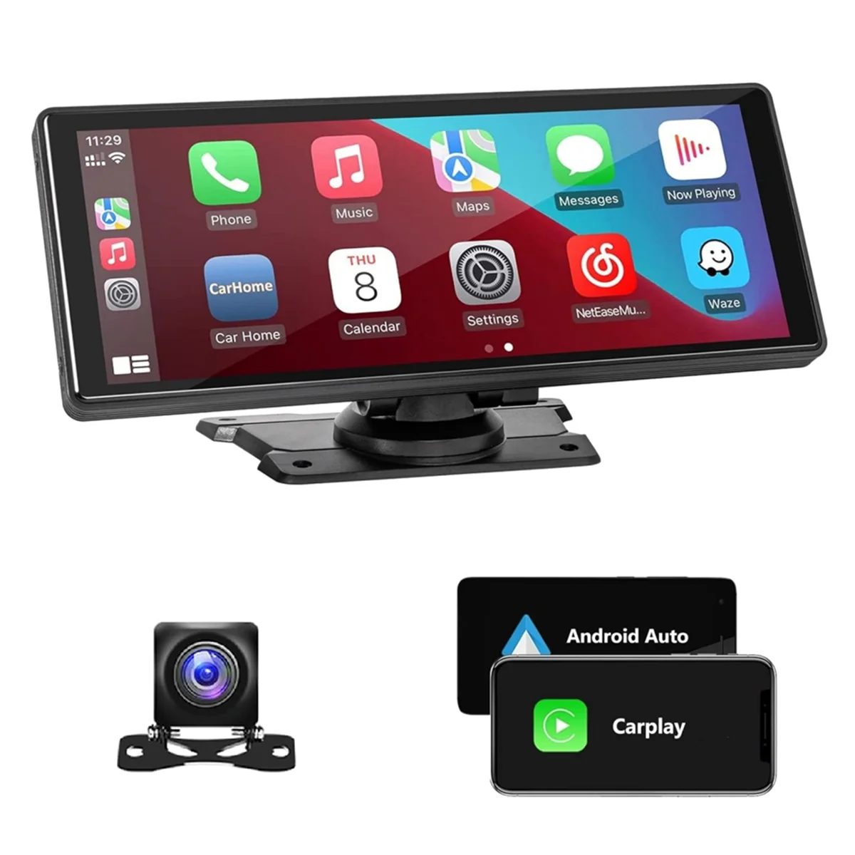 10.26Inch Wireless Carplay & Android Auto Stereo with AHD Backup Camera, Portable Car Radio Bluetooth Mirror
