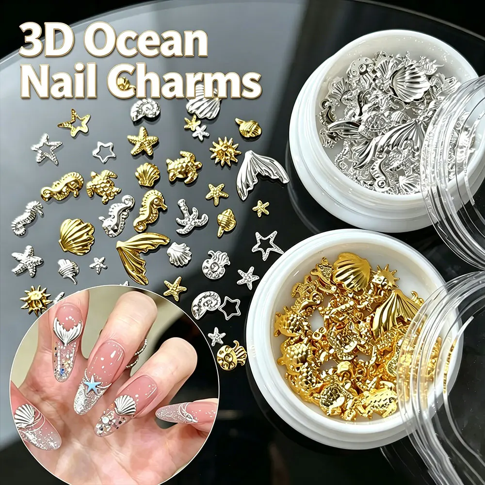 1Jar 3D Metal Gold Silver Ocean Nail Charms Mixed Alloy Mermaid Tail Shell Starfish Nail Studs Summer Beach Sea Theme Nail Decor