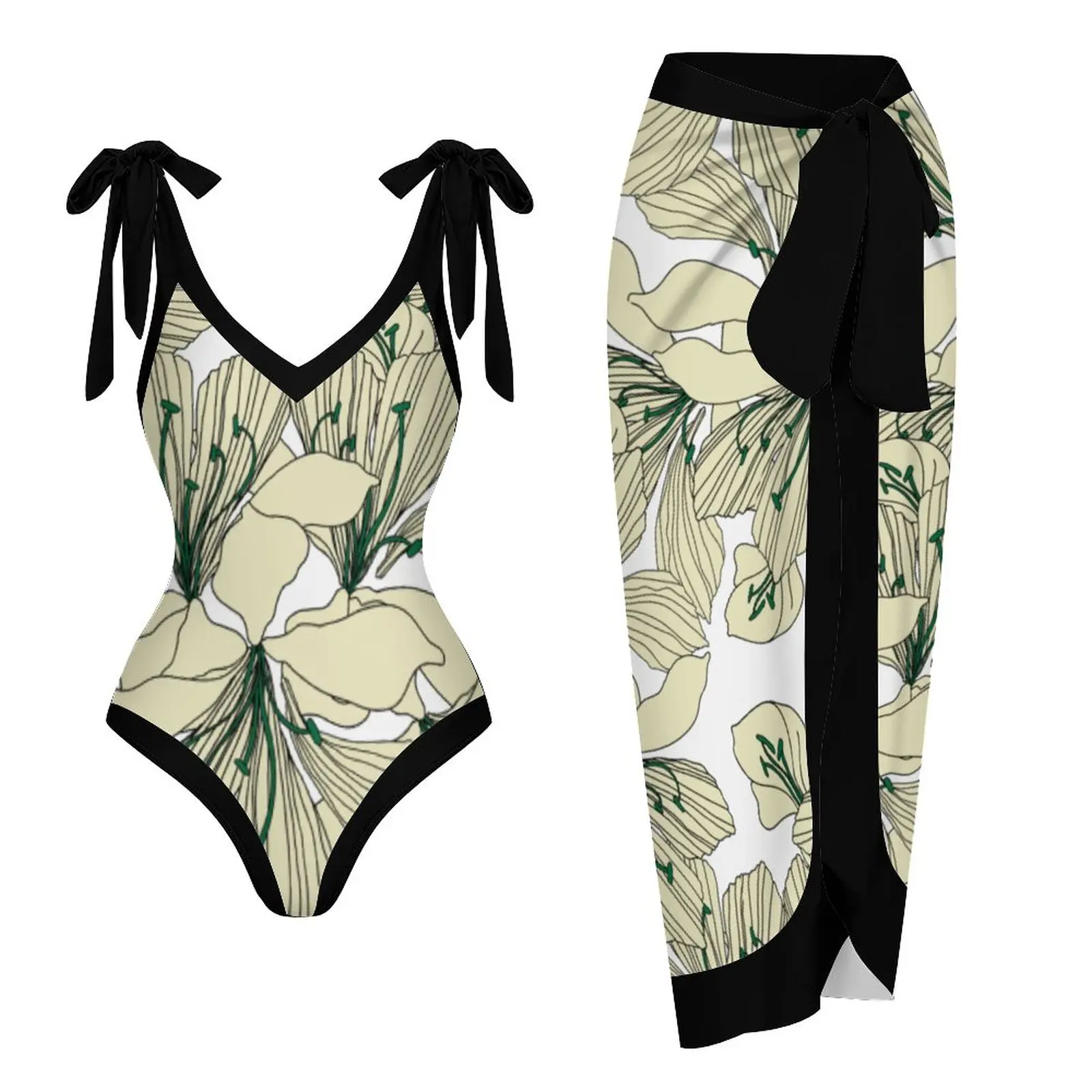 

V Neck Floral Print One Piece Luxury Swimwear For Female Swimsuit and Cover Ups Thin Straps Bathing Suit Sexy / New 2023