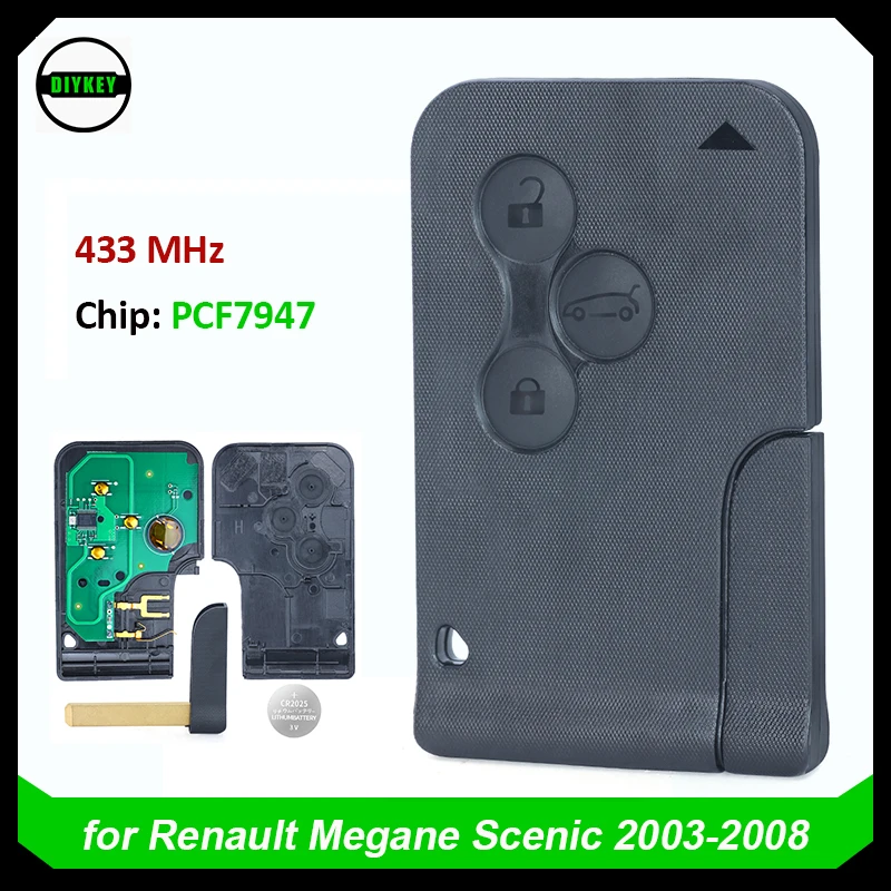 DIYKEY-Clé Télécommande Intelligente à 3 lèvent, Puce PCF7947, pour Renault Megane, Scenic, 2003, 2004, 2005, 2006, 2007, 2008, 433MHz