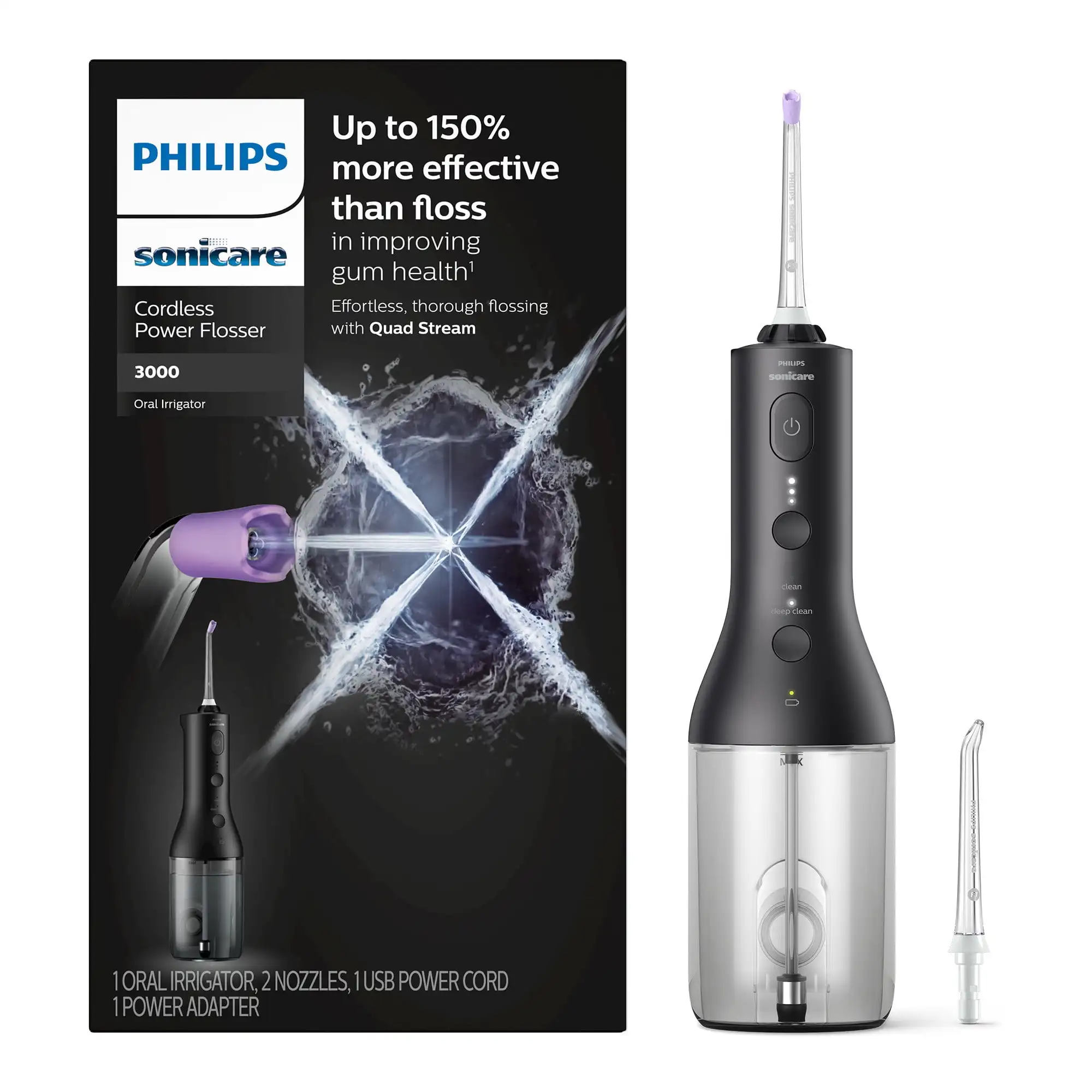 

Зубная нить Philips Sonicare 2000 серии HX3826, контейнер для воды 250 мл, кабель USB-C, 3 прочности, 360° ° вращение