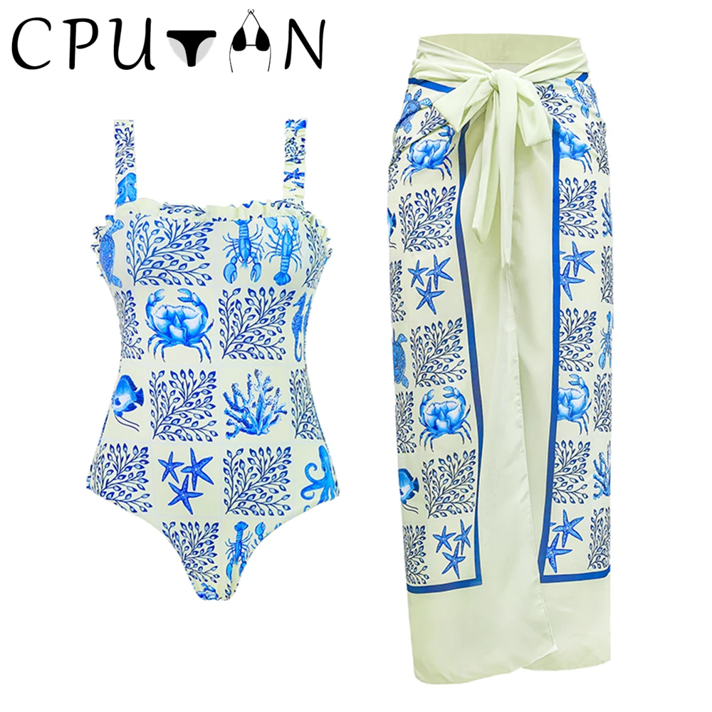 CPUTAN 2024 Ruffle Bikini Set Sexy Two Piece Women\'s Swimwear Vintage Print Biquini Swimsuit Dress Girls BathingSuit Beach Skirt