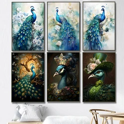 Floral Watercolor Gold & Blue Peacock Painting Canvas Print Victorian Funny Peacock Poster Wall Art Living Room Home Decor