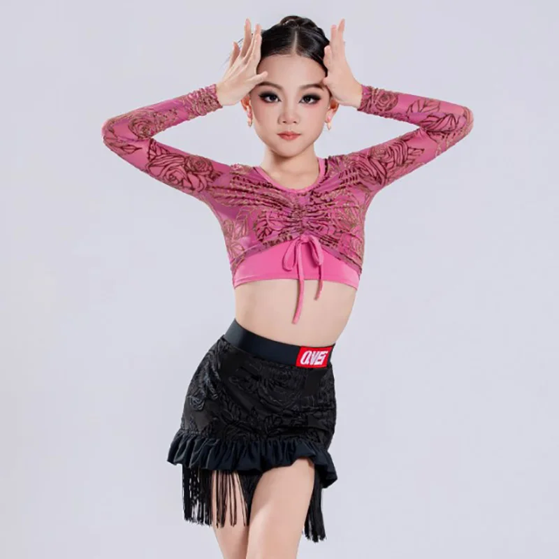 ชุดเต้นลาตินสำหรับเด็กผู้หญิง เสื้อพิมพ์ลายผูกเชือกและกระโปรงพู่สำหรับฝึกซ้อม ชุดเต้นรำบอลรูม รุมบ้าสำหรับเด็ก