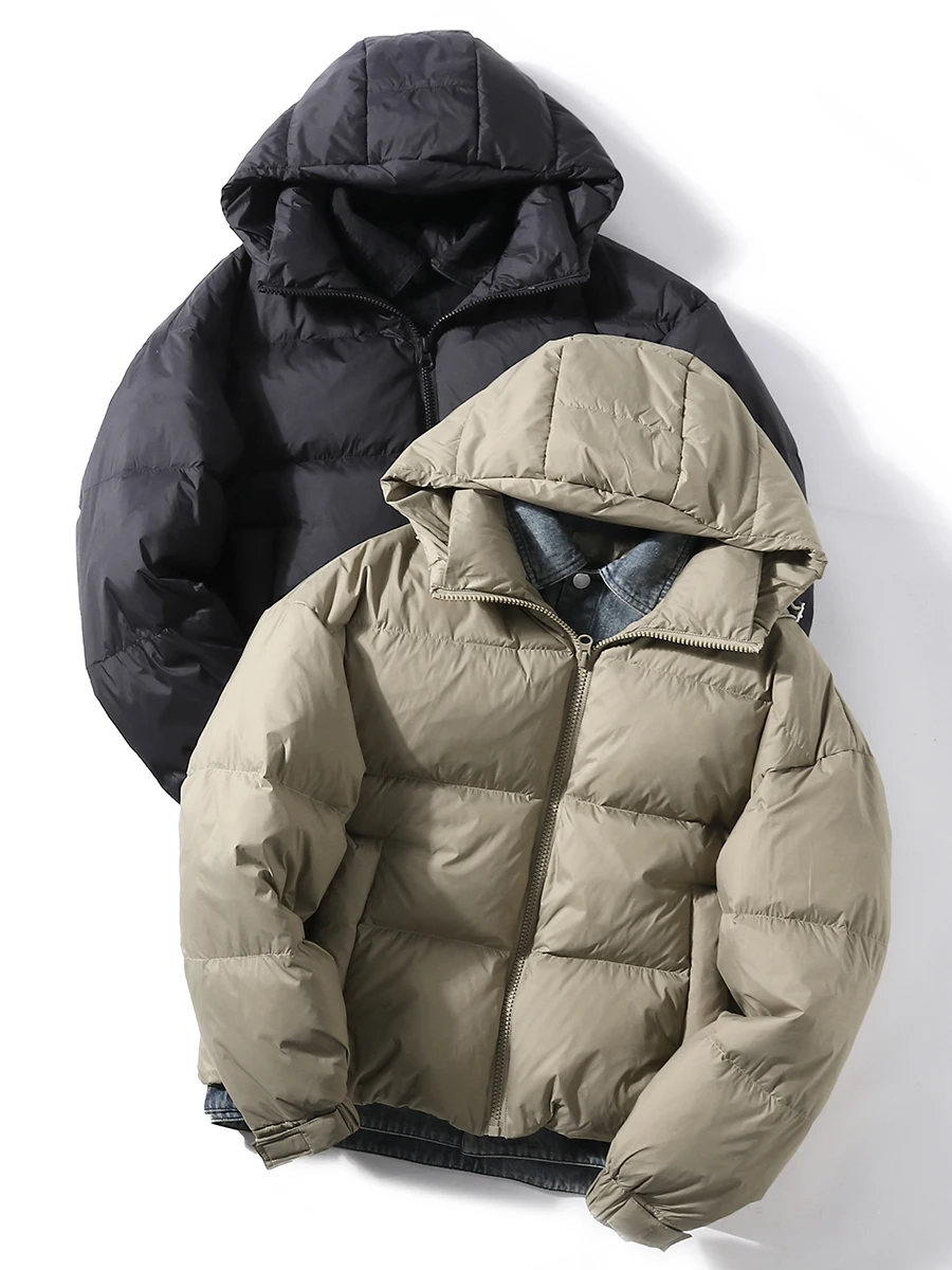 

90% White Du down Puffer Jaet Men's Trendy Brand Patchwork Hooded Fake Two-Piece Outerwear Couple's Sle Bread Coat Winter