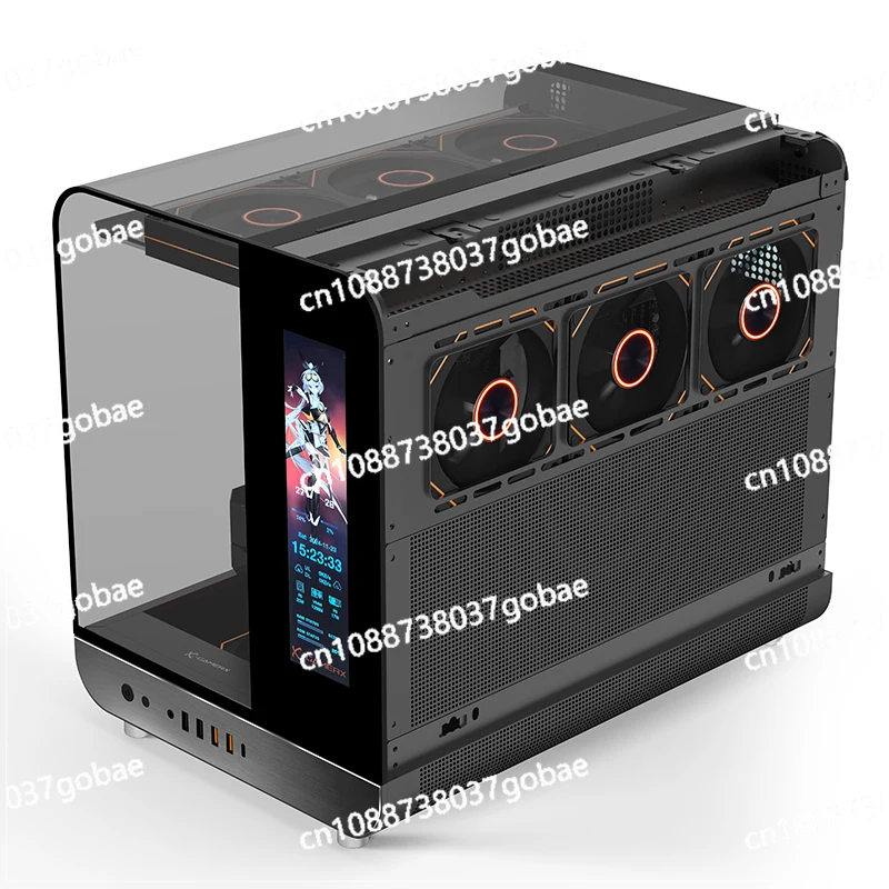최소한의 디자인을 갖춘 기둥 없는 곡면 유리 MATX 컴퓨터 데스크탑 스크린 디스플레이와 360도 수냉식 섀시