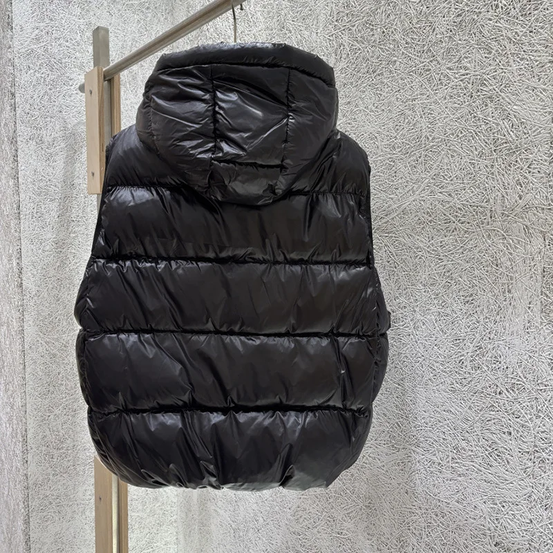 Schinteon Women White Duck Down Vest with Hood Casual Over Size Autumn Winter Warm Loose Thick Bright Black Sleeveless Jacket
