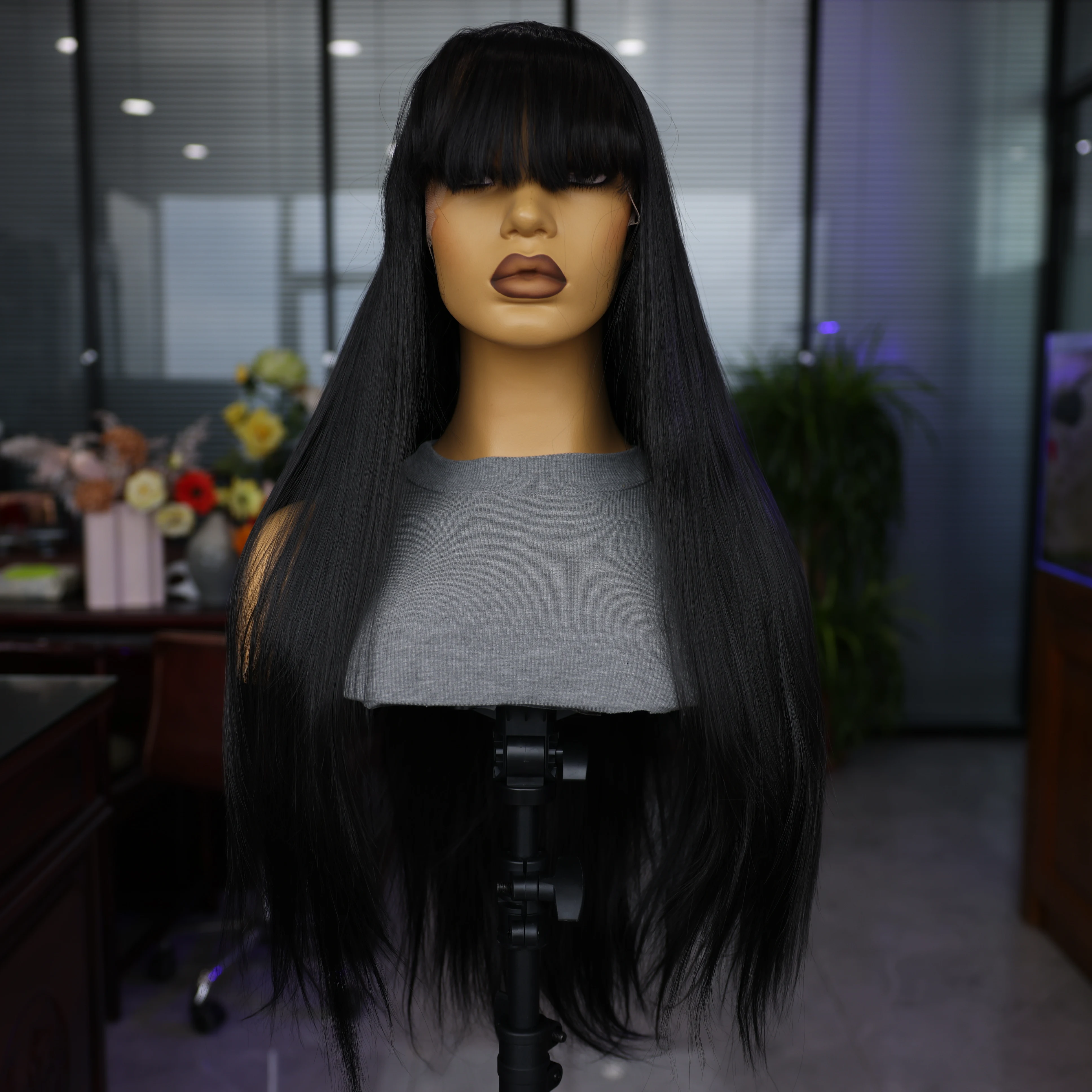 Black Synthetic Wig With Bangs High Quality Wigs Long Straight Hair For Cosplay Party Natural Black Wig 180 Density Smooth