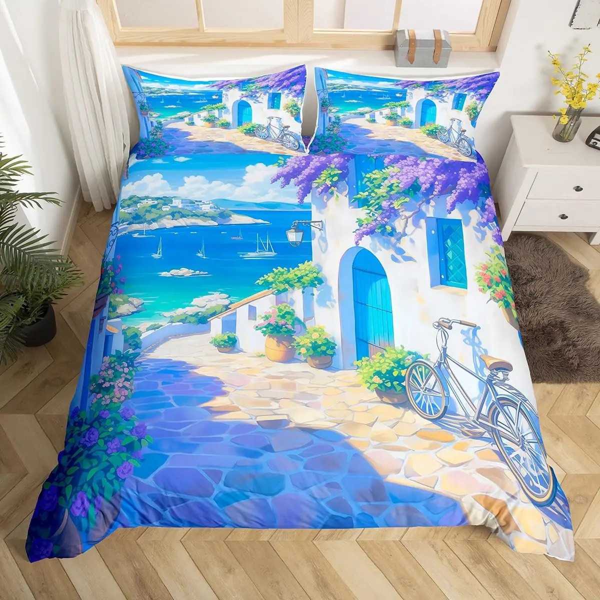 Seaside Town Landscape Bedding Set Flowers Rustic Duvet Cover Coastal Style Island Comforter Cover Ocean Scenery Quilt Cover