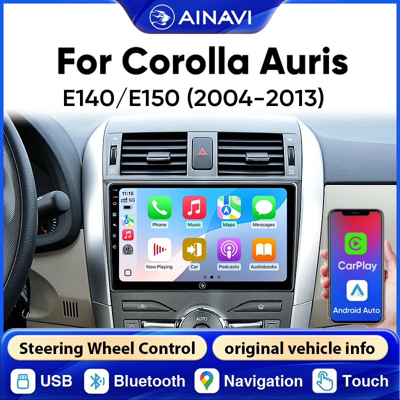Radio para Auto AINAVI para Toyota Corolla E140 E150 2003-2020 Auris 2Din, Bluetooth, Carplay Inalámbrico, Android Auto, Pantalla Carplay para Coche, Radio para Auto, Estéreo para Auto, Pantalla para Auto, BT, USB, FM, 4G, GPS, SWC, 9 Pulgadas