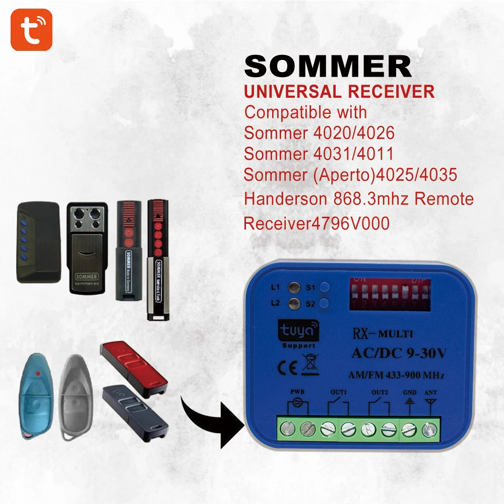 Tuya WiFi RX MULTI 868MHZ Remote Control  SOMMER 4020 4026 TX03-868-2/4 868MHZ  For Sommer 4031 4011  Garage Door Receiver 8122