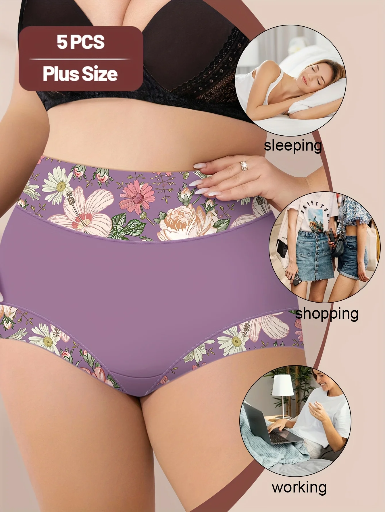 Balení 5 kusů dámského spodního prádla s vysokým pasem pro plnoštíhlé ženy, které reguluje a zvedá bříško, je pohodlné a má tištěný design. - náhled 2
