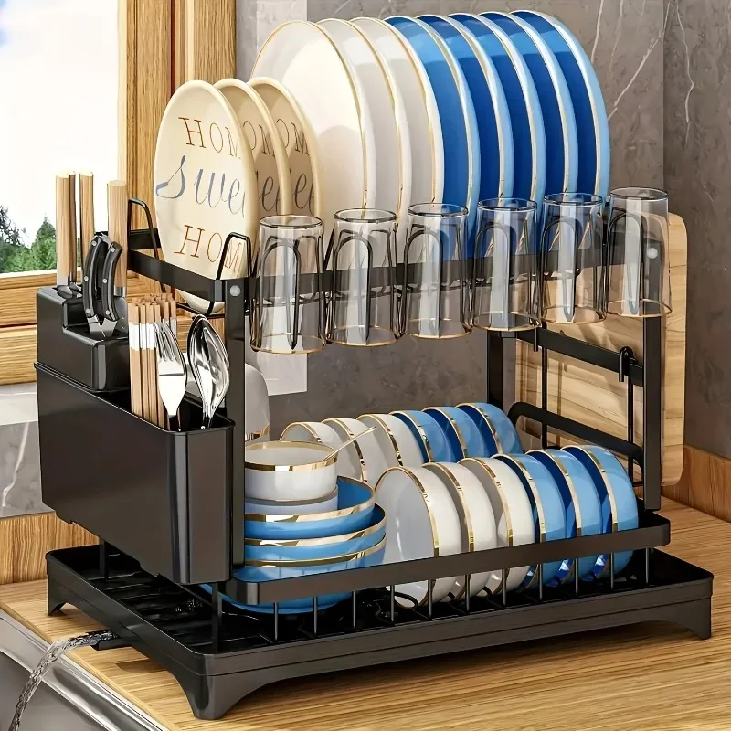 2-Tier Detachable Dish Drying Rack Carbon Steel Multifunctional Countertop Kitchen Organizer with Drainboard Utensil Holder
