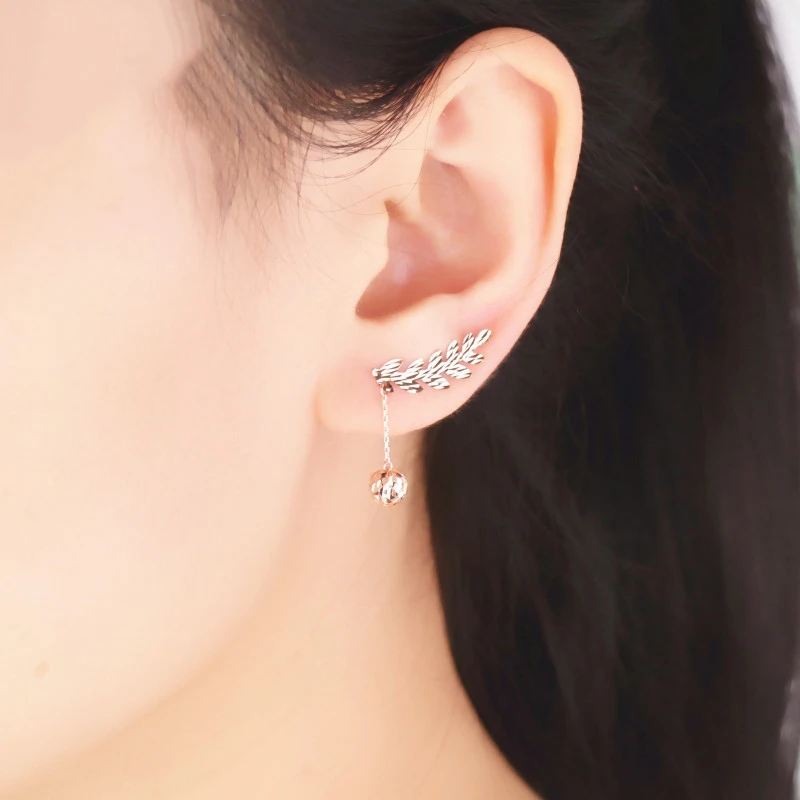 585 purple gold romantic foliage ear studs 14K rose gold geometric round bead sweet drop earrings for women wedding high jewelry