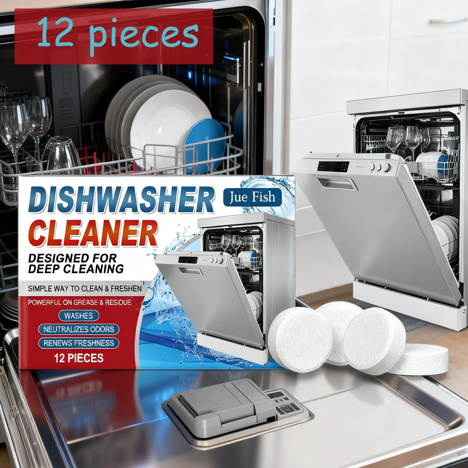 

Jue Fish 12pieces Dishwasher Cleaner Tablets - Powerful Degreasing & Descaling, Removes Limescale, Household Cleaning Supplies
