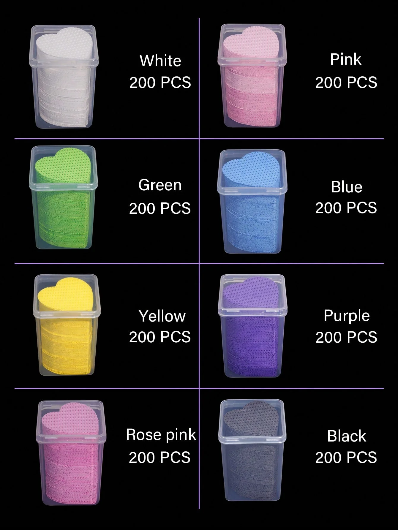 200 قطعة من من منشفة أظافر متعددة الألوان على شكل قلب، وسادة تنظيف ناعمة غير منسوجة فائقة الامتصاص، تستخدم لغراء تمديد الرموش