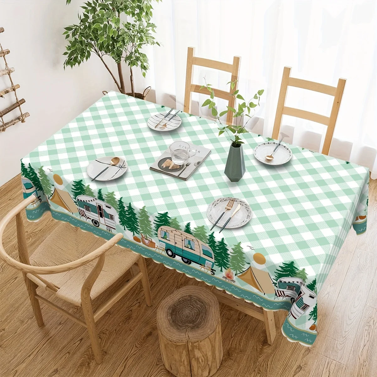 One-piece, camping picnic green checkered tablecloth, modern style.