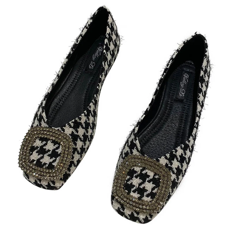 Women Flats Black Dressy Comfort Lady Casual Shoes Slip on No Lace Flat Heel Shoes for Girls Small Size 31 32 33 34 Houndstooth