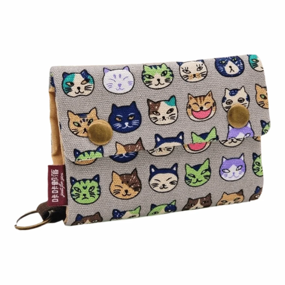 Portable Vintage Coin Purse Canvas Flold Card Holder Pouch Storage Bag Zipper Cartoon Printed Wallet Women Men