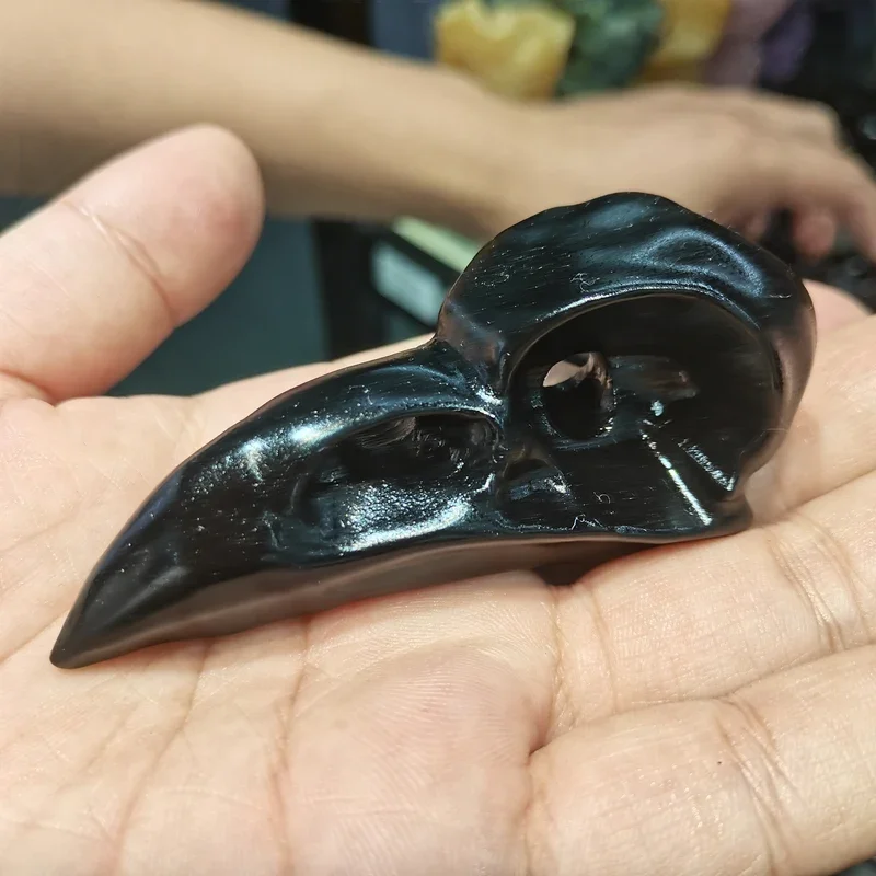 

Gembaby Natural Hand-carved Black Obsidian Raven Skull Mineral Crystal Bird Head Statue Animal Room Decoration 1pcs