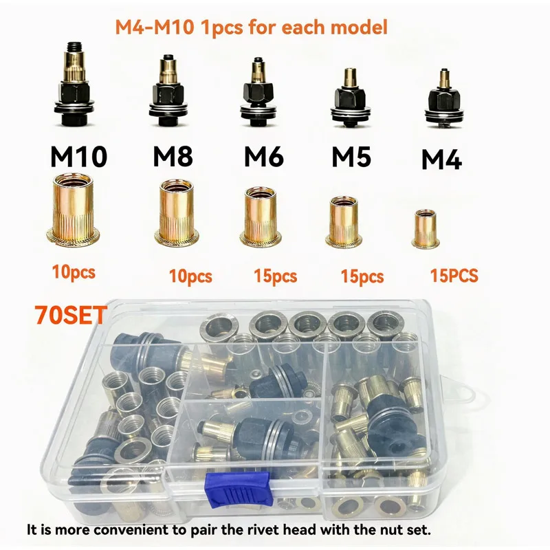 10Pcs Rivet Nut Tool Heads Set M3-M8 Manual Riveting Gun Mandrels Interchangeable Threaded Insert Tool for DIY Hardware Tool Set