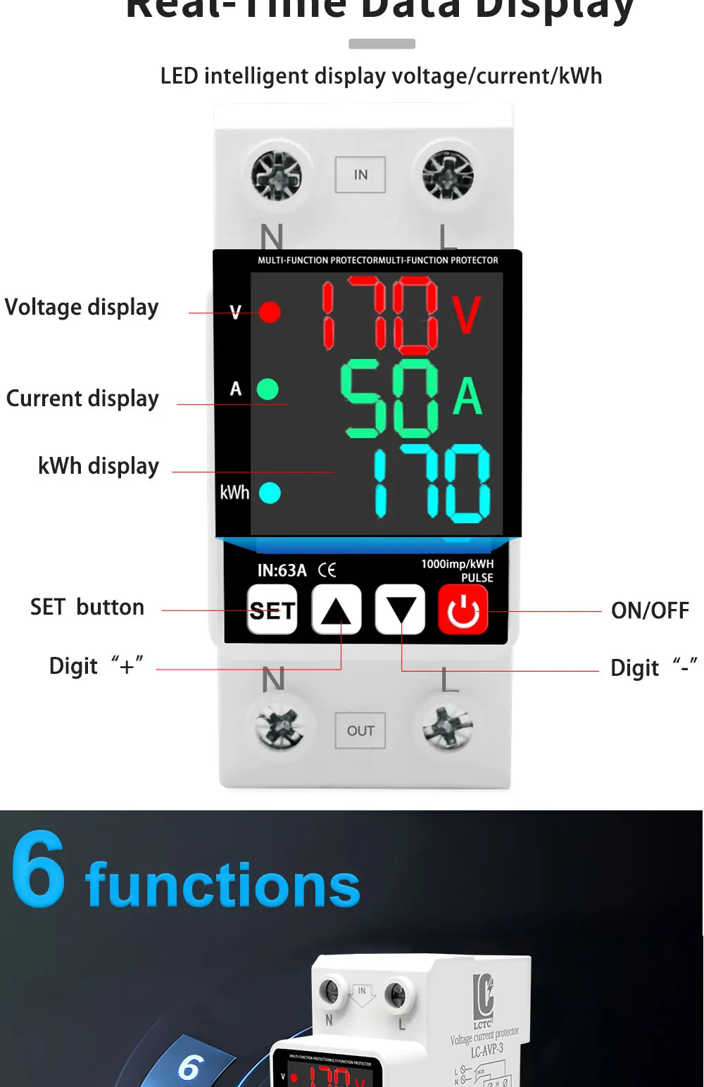 LCTC Einstellbarer Überspannungs- und Unterspannungsschutz 40A 63A 220VAC Digitale Anzeige kWh Spannungsschutzrelais – Detail 3