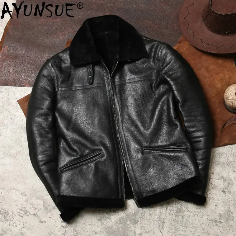 

AYUNSUE Genuine Leather Jacket Men Real Fur Coat Winter Flight Shearling Nature Sheepskin s J4976