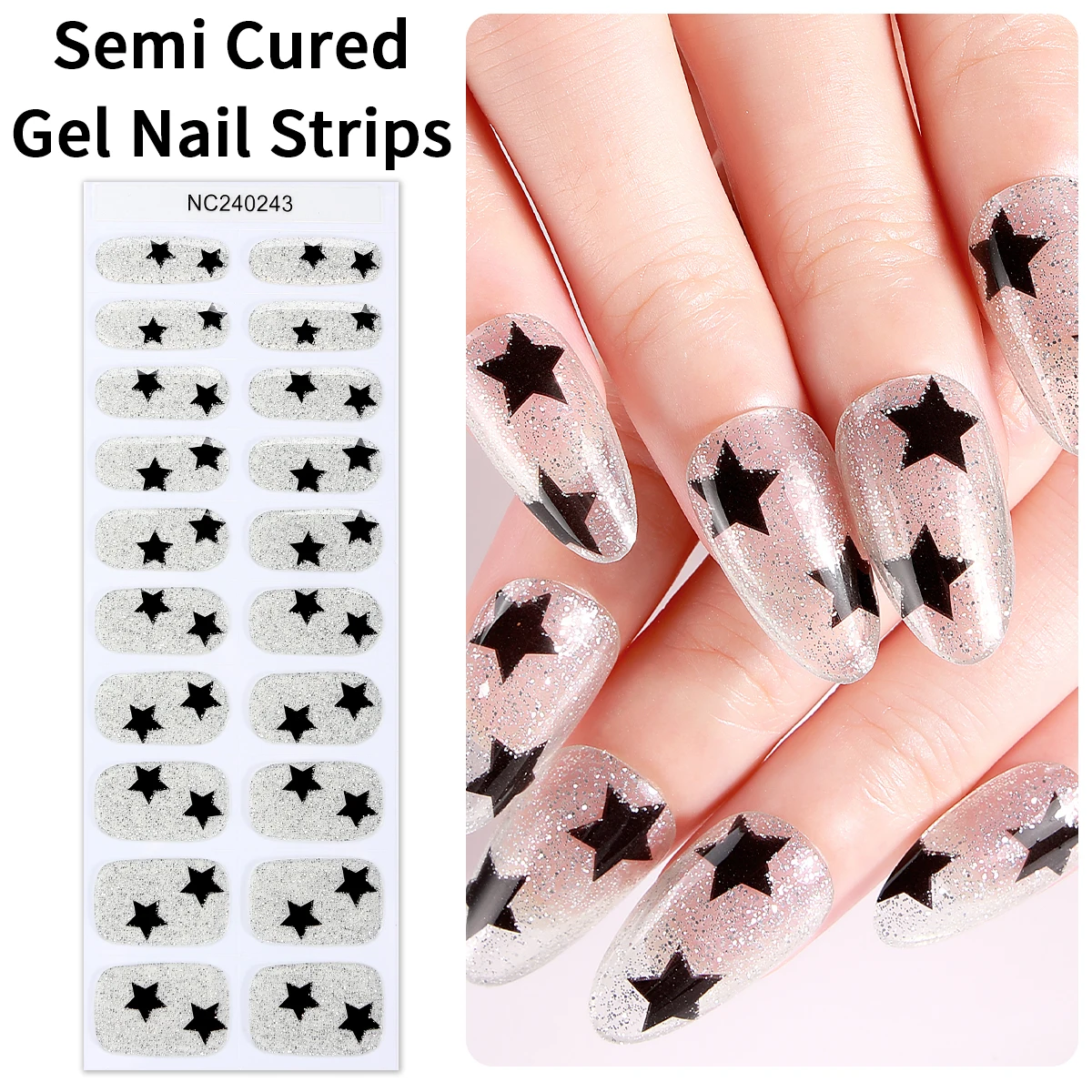 2szt Sliver Pink Semi Cured Nail Gel Strips Y2K Star Designs Adhesive Nail Stickers Press on Nails for Women Girls Decorations