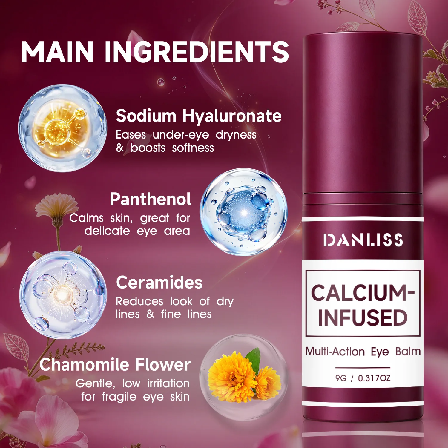 Calcium-Infused Multi-Action Eye Balm, Smooth & Boost Plump Look, Sodium Hyaluronate, Panthenol, Ceramides.