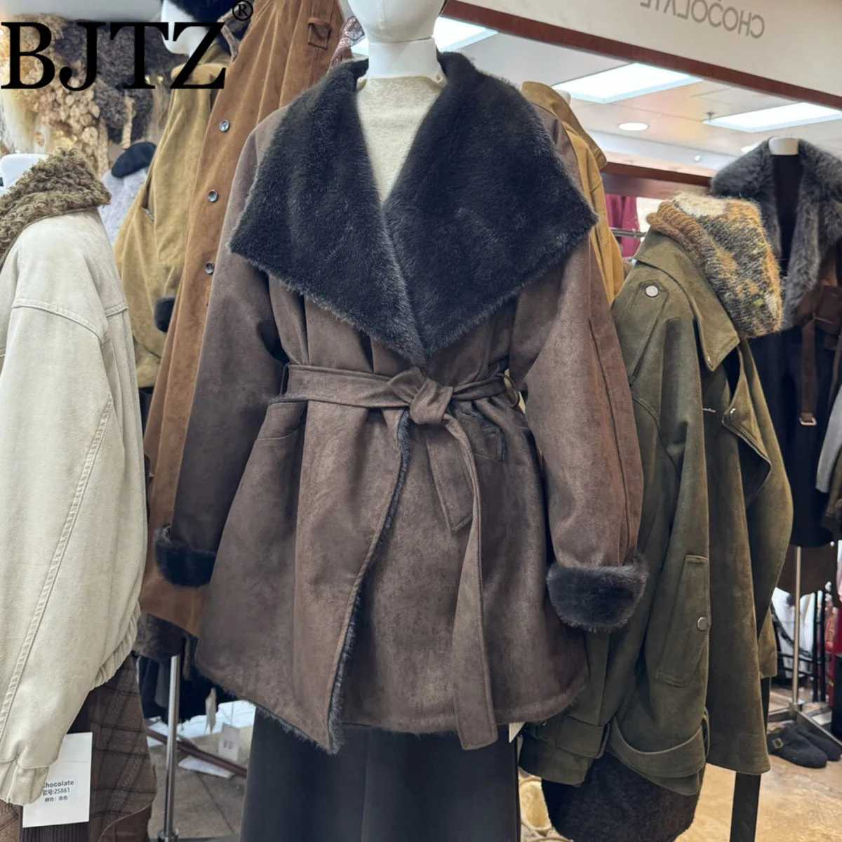 

BJTZ Women’s Reversible Faux Fur Trench Coat with Belt Lapel Patchwork Elegant Office Wear Warm Winter AW25 Premium Fashion